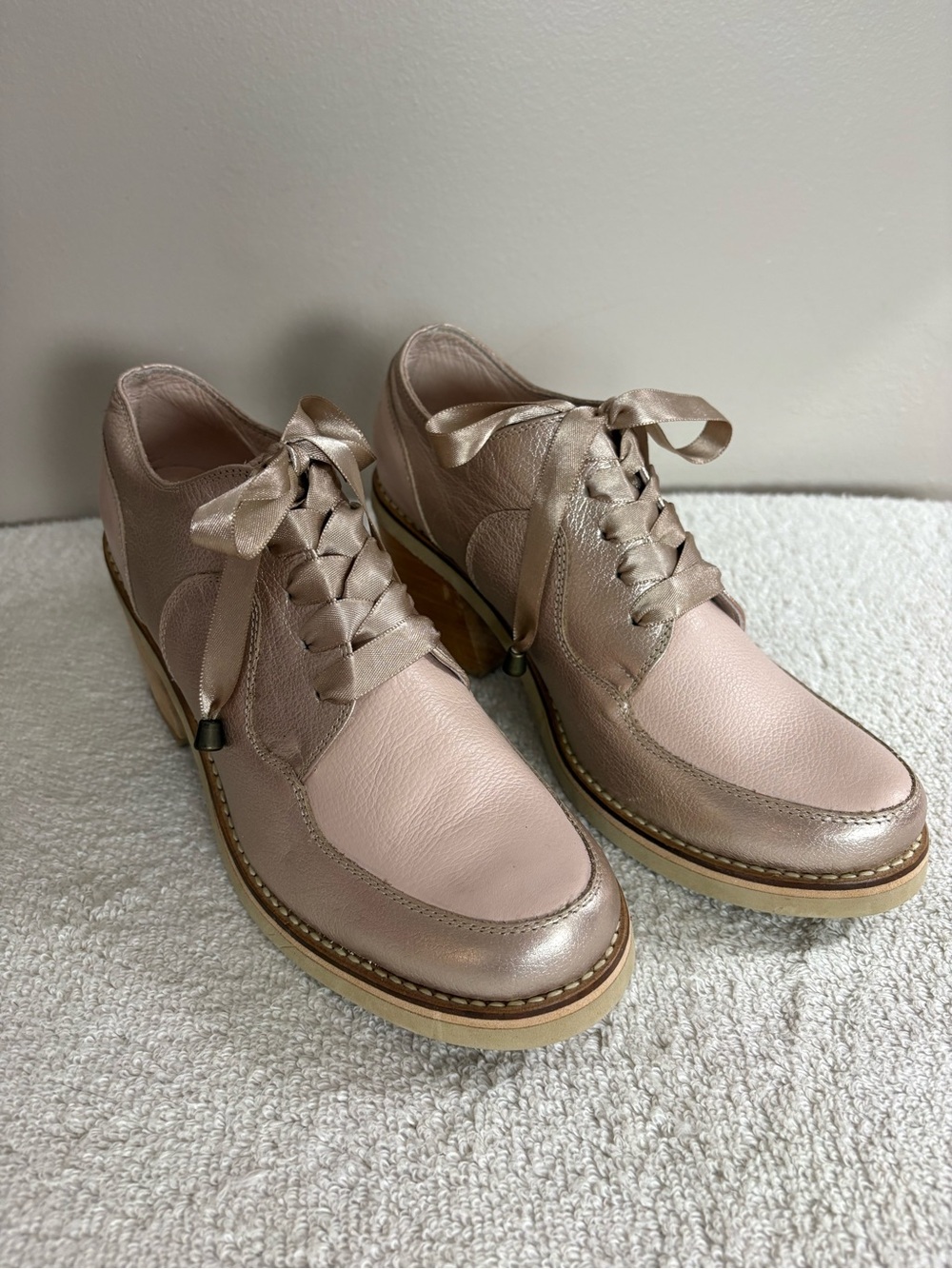 Women's MONARCA Metallic GOLD Beige LEATHER Oxford DERBY Ribbon SHOES  7-8